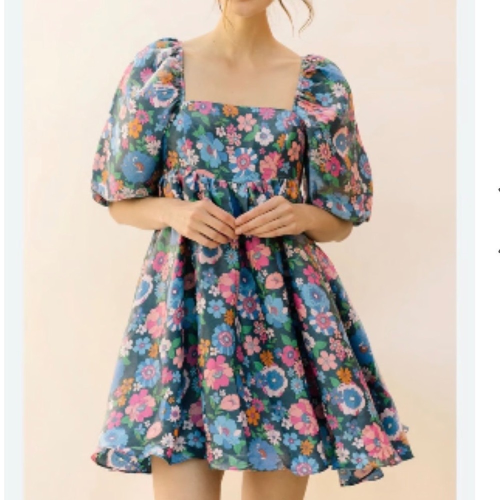 Storia Floral Puff Sleeve Mini Dress Square Neck Metallic Blue Pink XS NWT